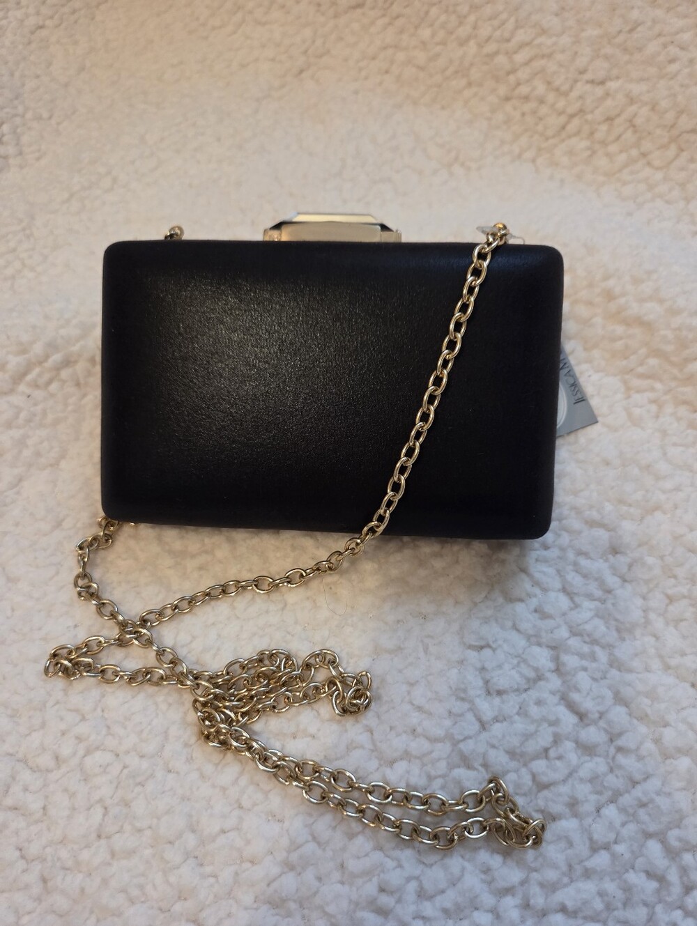 Jessica McClintock NWT Penelope Black Satin Evening Bag Clutch Gold Chain Jewel